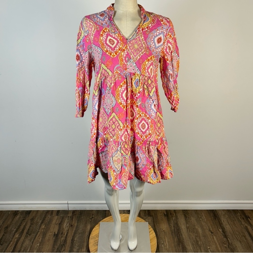 Le Ragarre Made in Italy Linen Vibrant Paisley Long Sleeve Dress S